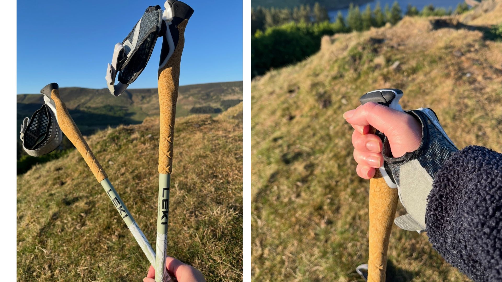 Susan Griffin using Leki Cross Trail Carbon Walking Poles outdoors, showing glove wrapped around hand and poles against sky