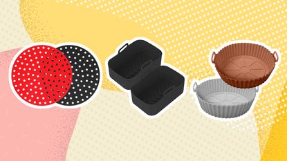 A trio of three silicone air fryer liners on yellow and pink graphic background