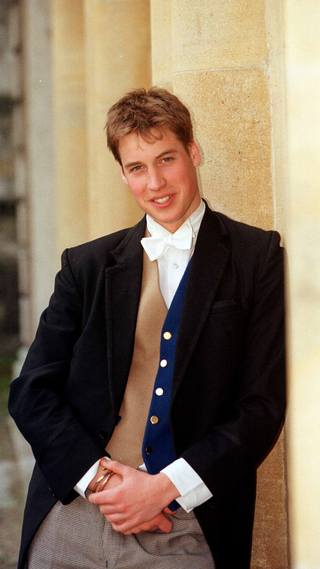 England's Prince William wearing vest & sponge bag trousers as one Eton's 21 elected prefects in 2000