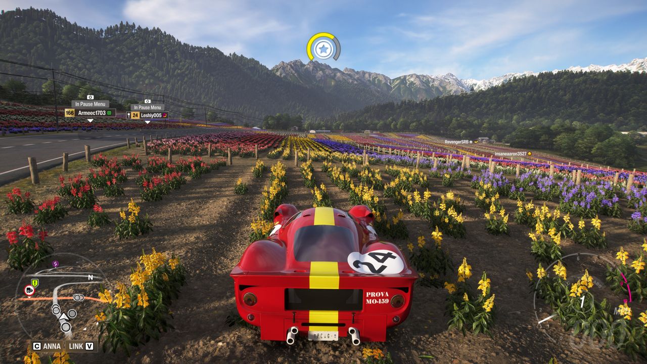 Forza Horizon 6 Petal Power: A classic Ferrari parked in Shikisai-no-Oka flower field.