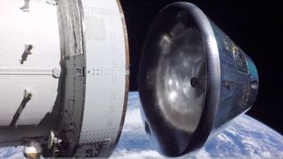 NASA's Artemis 2 Orion capsule separates from its service module shortly before reentering Earth's atmosphere on April 10, 2026.