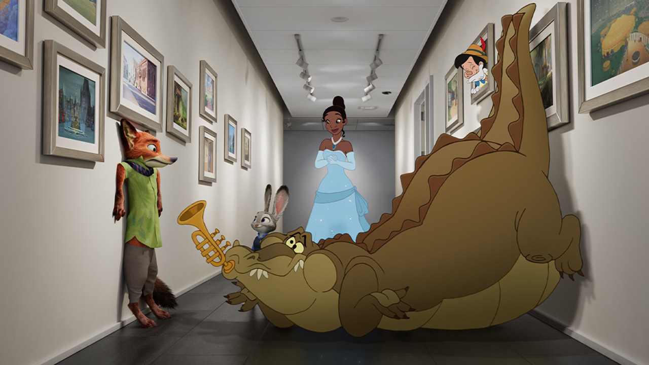 A screenshot from Once Upon a Studio, which features Nick, Pinocchio, Tiana, and the crocodile from Peter Pan