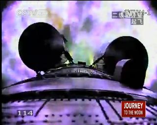 This still image from a CCTV broadcast shows the view down from a Long March 3B rocket carrying China's Chang'e 3 moon lander and Yutu rover toward the moon on Dec. 2, 2013 local time (Dec. 1 EST).