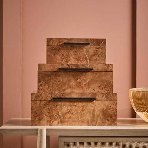 Set of Three Burl Wood Effect Trinket Boxes