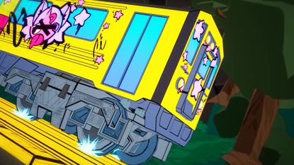 A colorful train careens down a track in Denshattack!