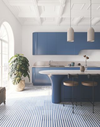 kitchen floor tile ideas with blue and white striped tiles in a blue kitchen