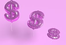 three purple helium balloons shaped like us dollar signs that are floating with a purple background