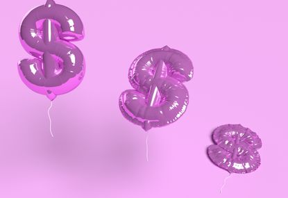 three purple helium balloons shaped like us dollar signs that are floating with a purple background