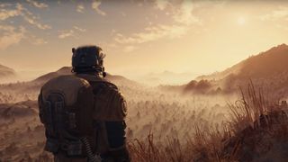 Astronaut looks out over a brown field of wheat