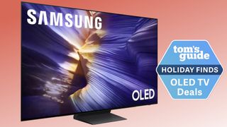The Samsung S90F alongside a badge that reads: "Tom's Guide Holiday Finds OLED TV Deals"