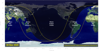 This map from In-The-Sky.org shows the visibility area for the penumbral lunar eclipse of Nov. 30, 2020.