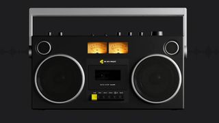 A product shot of the We Are Rewind GB-001 boom box. It's taken from the front and the boombox is black with silver trim, yellow VU meters and a silver handle. The boom box is on a black background.