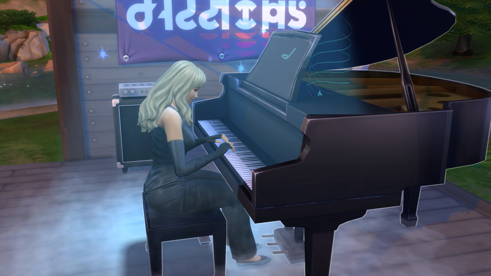 A Sim version of Bebe Rexha plays the piano on stage, under a spotlight.