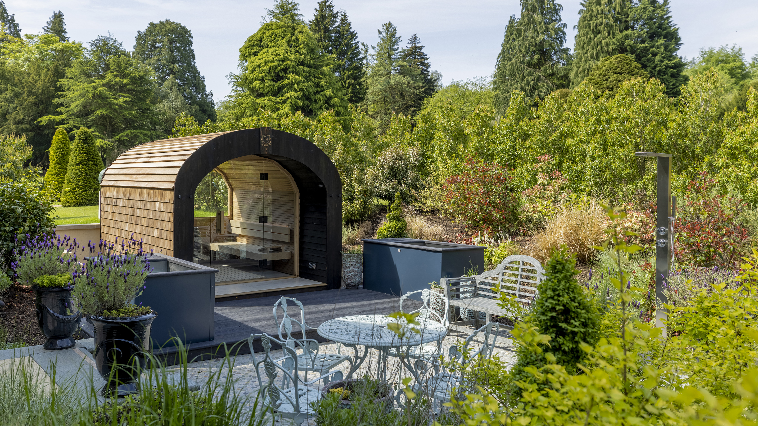 Brass monkey sauna in garden