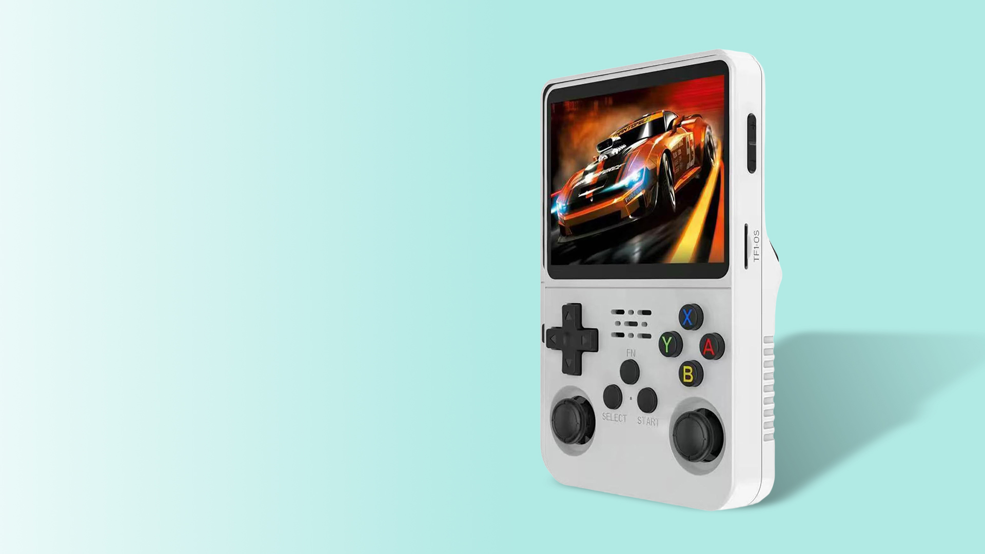 R36S Retro Gaming Handheld in white on a green background
