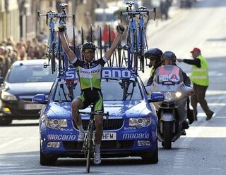 Michael Albasini (GreenEdge) celebrates his victory in the opening stage at the Volta a Catalunya.