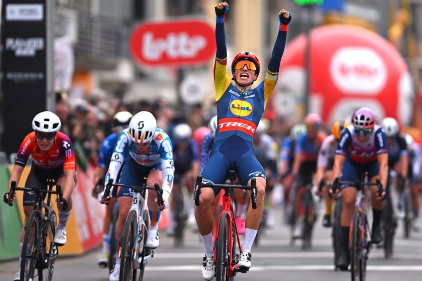 DE PANNE BELGIUM MARCH 21 Elisa Balsamo of Italy and Team Lidl Trek celebrates at finish line as race winner ahead of LR Chiara Consonni of Italy and UAE Team ADQ Daria Pikulik of Poland and Team Human Powered Health and Charlotte Kool of The Netherlands and Team dsmfirmenich PostNL during the 7th Womens Classic BruggeDe Panne 2024 a 155km one day race from Brugge to De Panne on March 21 2024 in De Panne Belgium Photo by Luc ClaessenGetty Images