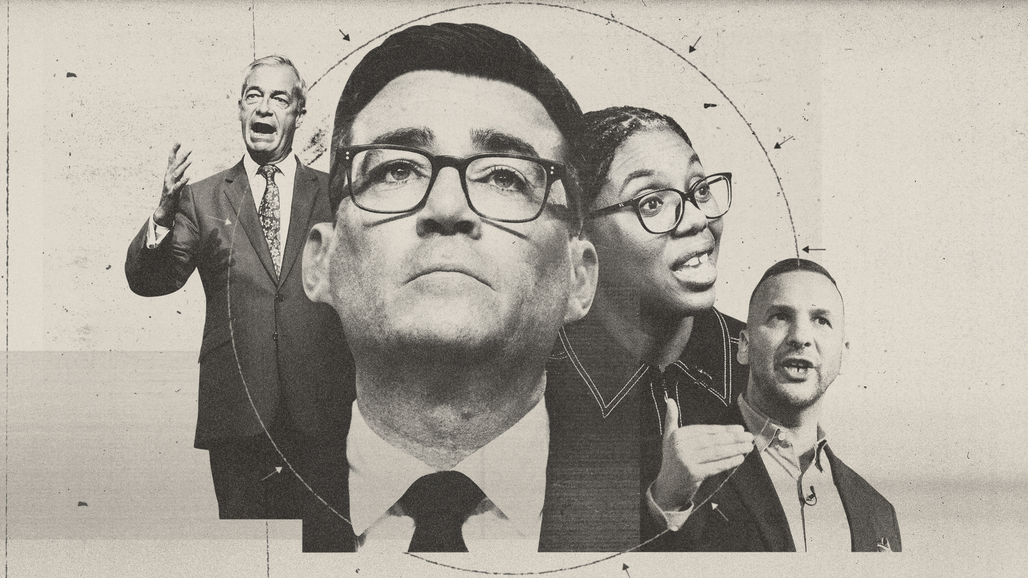 Photo composite illustration of Andy Burnham, Kemi Badenoch, Nigel Farage and Zack Polanski