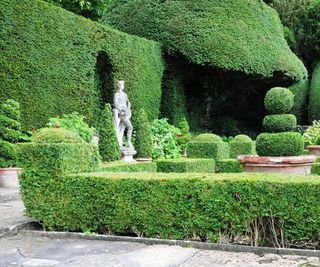 Traditional garden sculpture in a green topiary garden