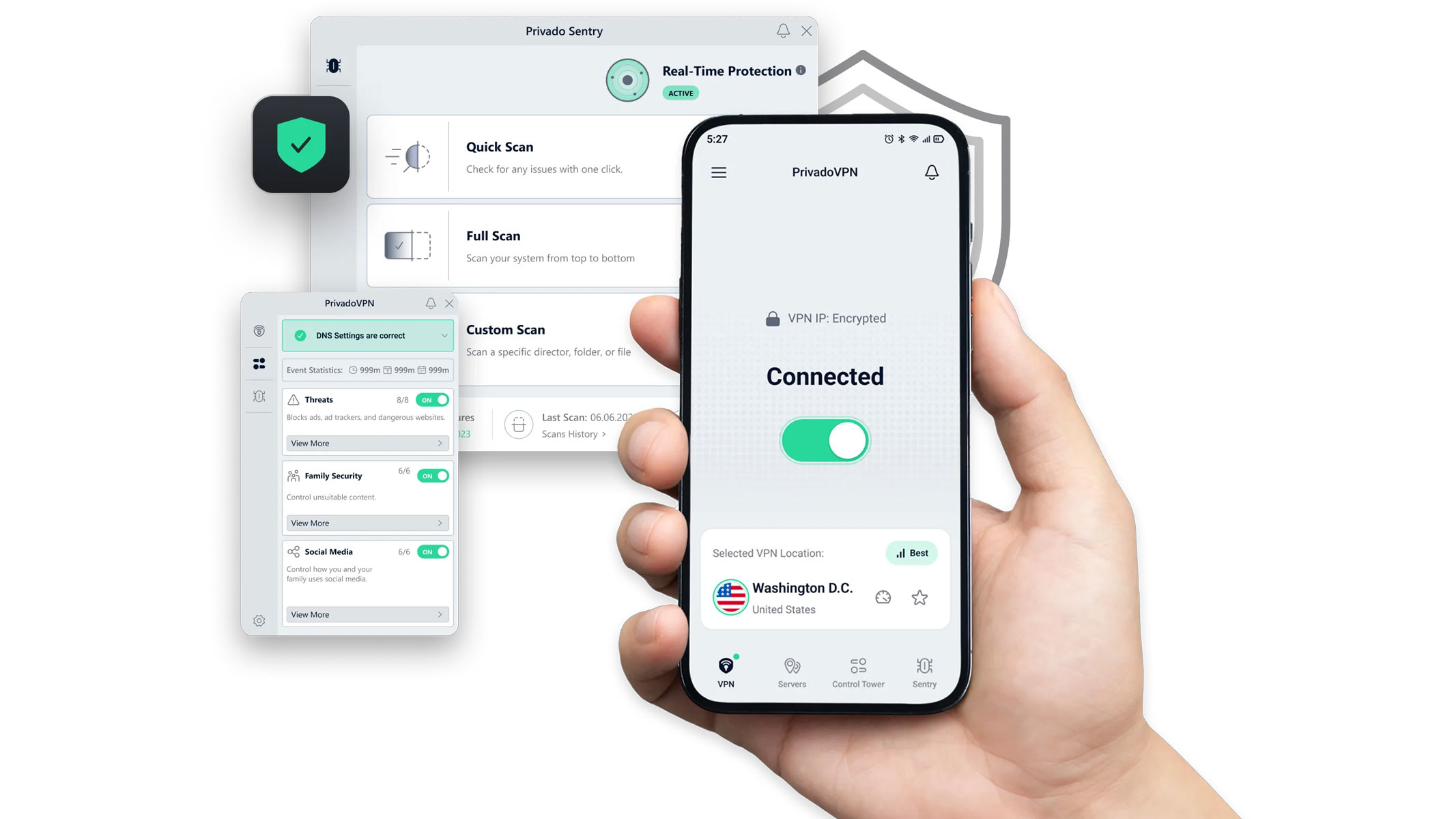 Three different screens depicting what this VPN looks like when in use, with a mobile phone being held by a hand, all on a white background.