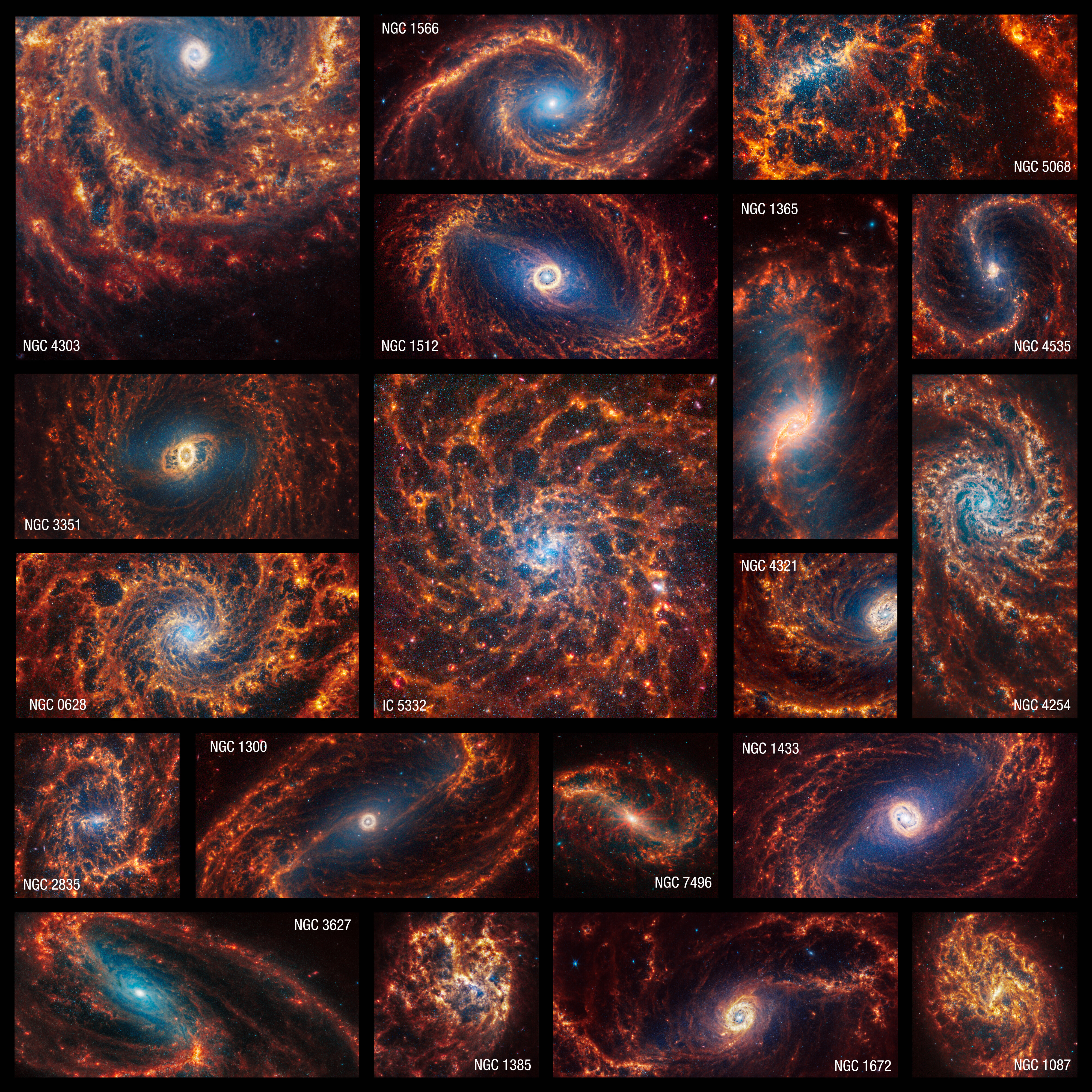 O imagine în mozaic care arată toate cele 19 galaxii recent văzute de telescopul spațial James Webb
