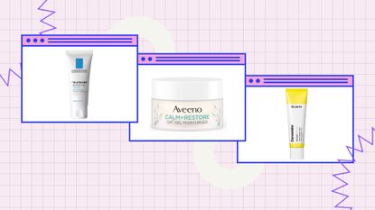 a collage image of three of the best face moisturizer options from Aveeno, La-Roche Posay, and Dr Jart on a light purple background with a tight grid design
