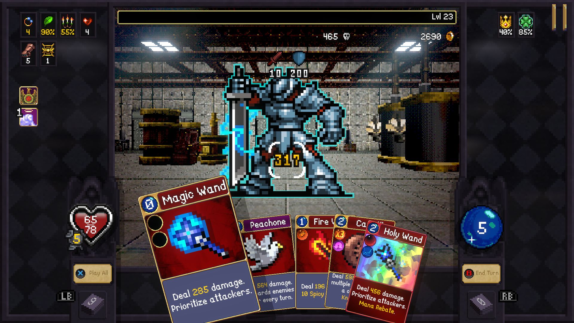 A pixelated knight with 10,200 health points stands in a dimly lit warehouse. In front, cards like "Magic Wand" are displayed