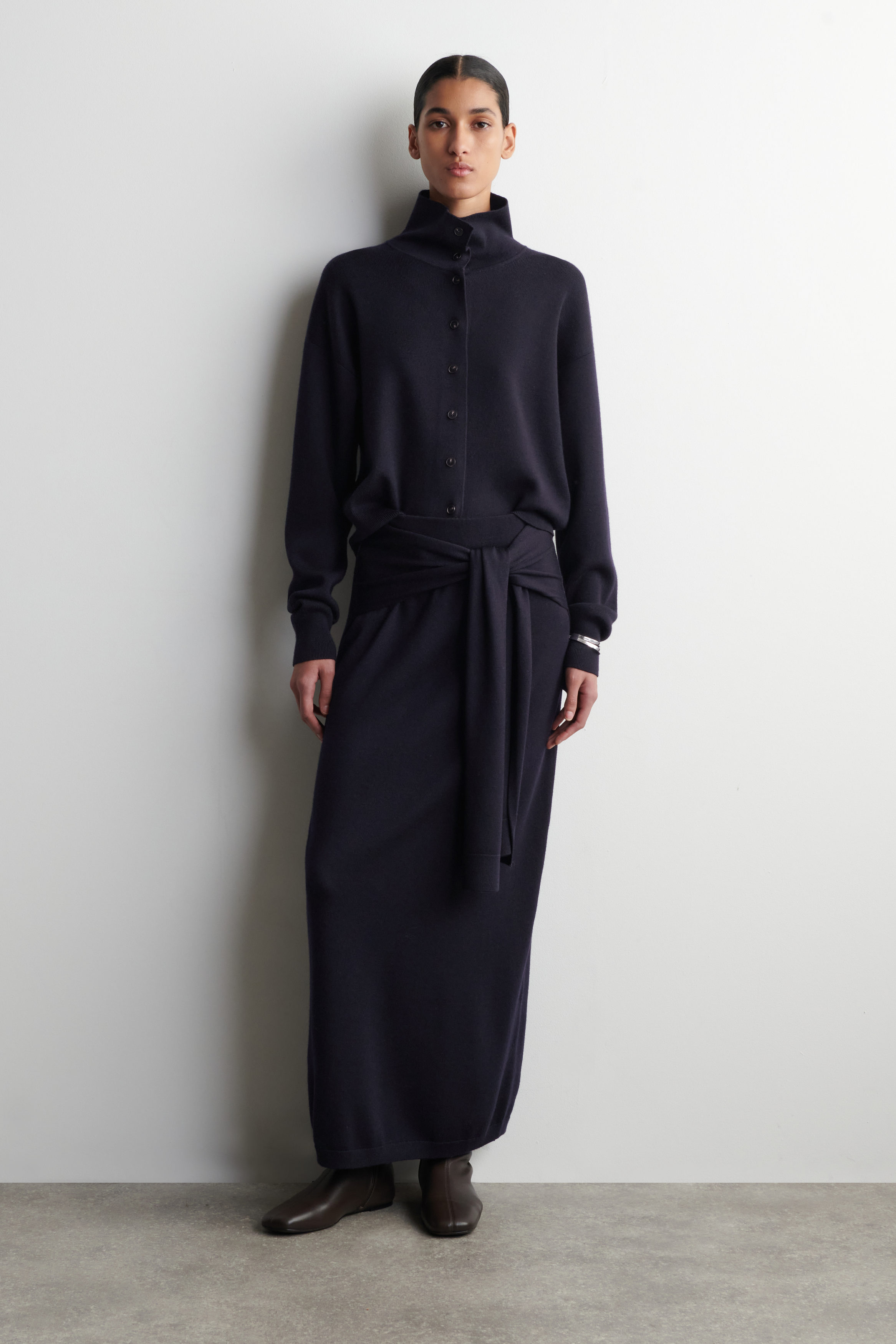 Tie-Waist Merino Wool Midi Skirt