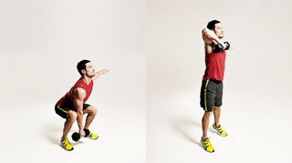 Man performs two positions of squat to upright row