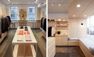Two images. Left, a room with clothing rails on either side, a wooden table with handbags and purses in the middle and two large windows at the end of the room. Right, a room with wooden shelves and a clothing rail.