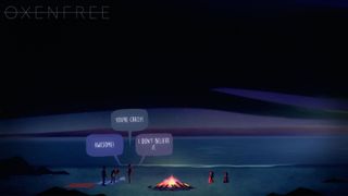 Screenshot from Oxenfree, showing the characters talking around a beachside campfire.