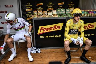 World champion Tom Dumoulin (Sunweb) and yellow jersey Geraint Thomas (Team Sky) wait for their time trial during stage 20 at the Tour de France