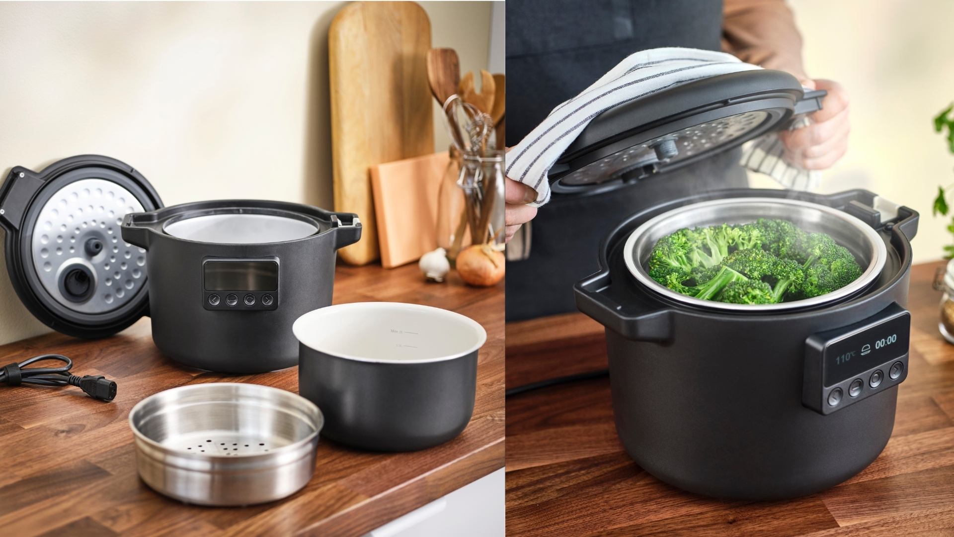 The IKEA TILLREDA Slow Cooker unboxed on a counter next to the IKEA TILLREDA Slow Cooker steaming