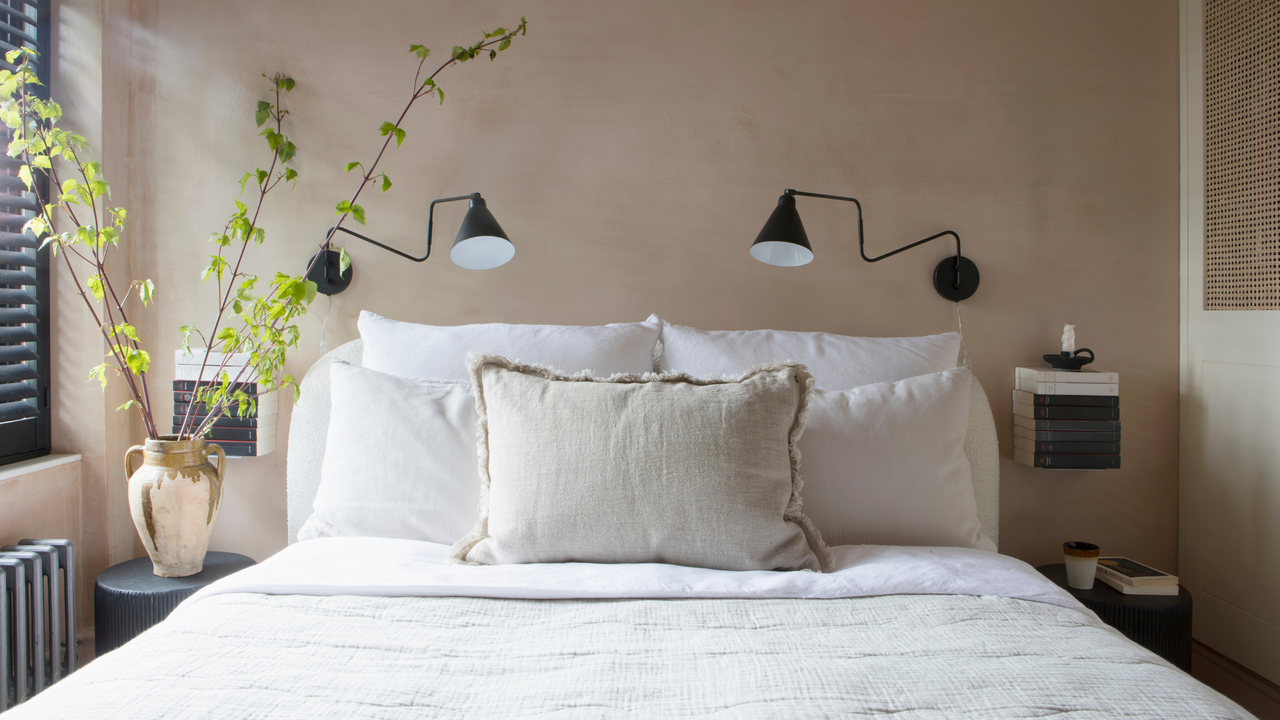 White bedding set in neutral bedroom