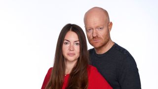 Stacey Slater wearing a red top standing next to Max Branning in front of a white background.