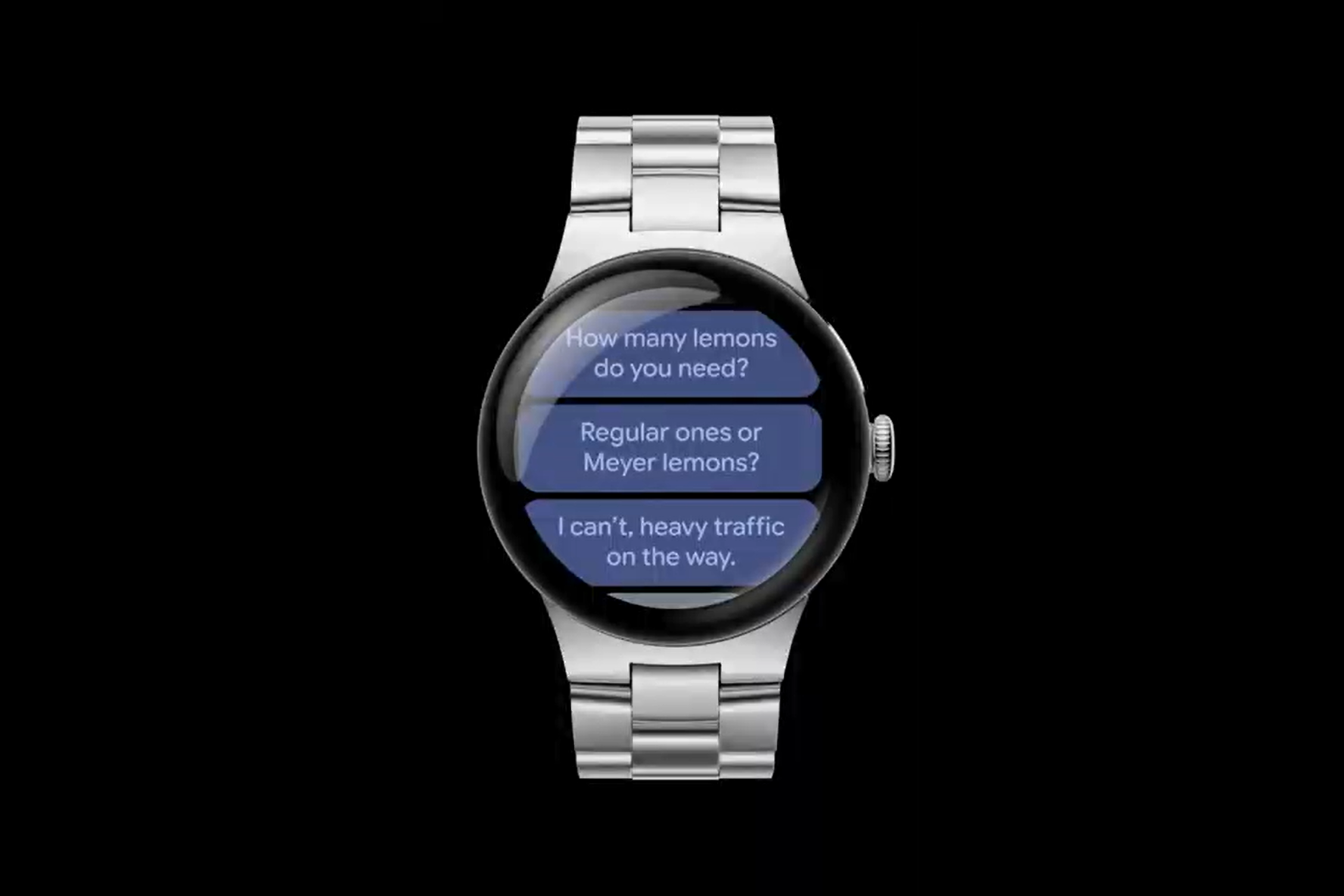 A screenshot of the Pixel Watch 4 showing enhanced smart replies involving a question about buying lemons.