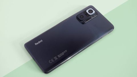 A Xiaomi Redmi Note 10 Pro in black, from the back