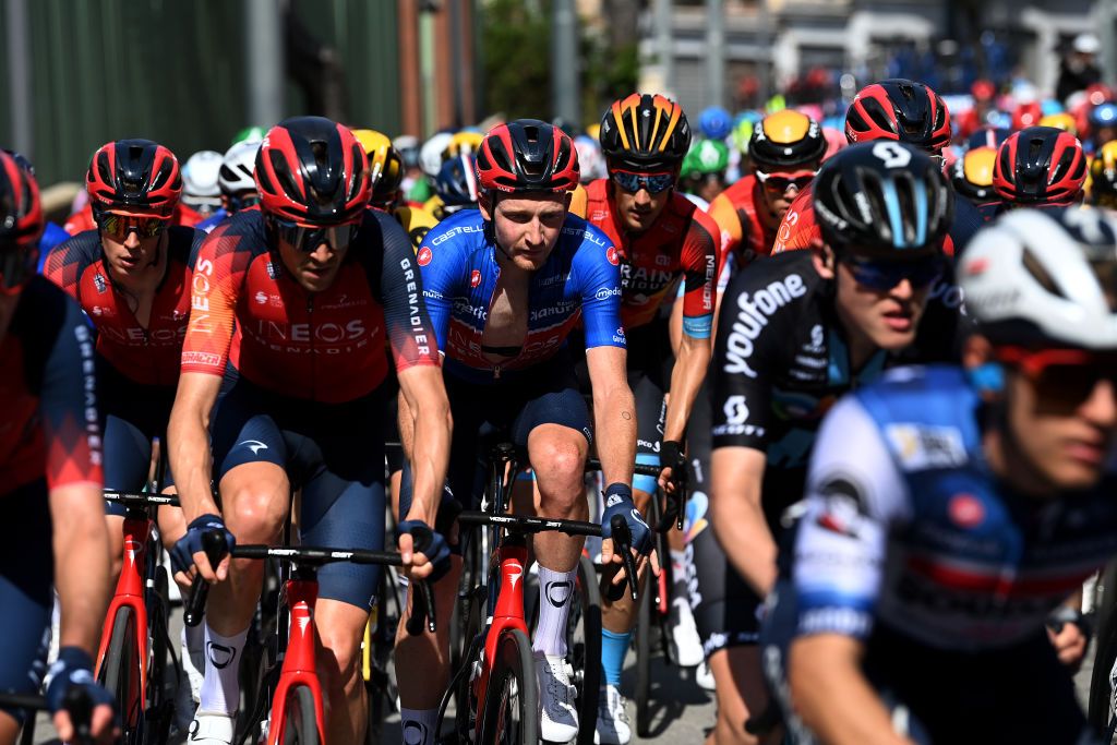 SAN SALVO ITALY MAY 07 Tao Geoghegan Hart of The United Kingdom and Team INEOS Grenadiers Blue Mountain Jersey competes during the 106th Giro dItalia 2023 Stage 2 a 202km stage from Teramo to San Salvo UCIWT on May 07 2023 in San Salvo Italy Photo by Tim de WaeleGetty Images