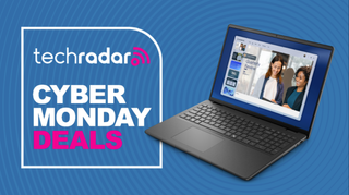 A Dell 16 Laptop on a blue background next to a TechRadar badge reading 'Cyber Monday deals'