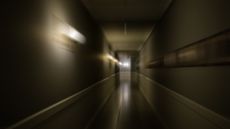 A white blur of motion is seen in a dark hallway.