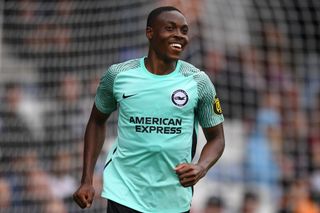 Enock Mwepu of Brighton and Hove Albion celebrates after scoring his team's second goal during the Pre-Season Friendly match between Luton Town and Brighton & Hove Albion at Kenilworth Road on July 31, 2021 in Luton, England.