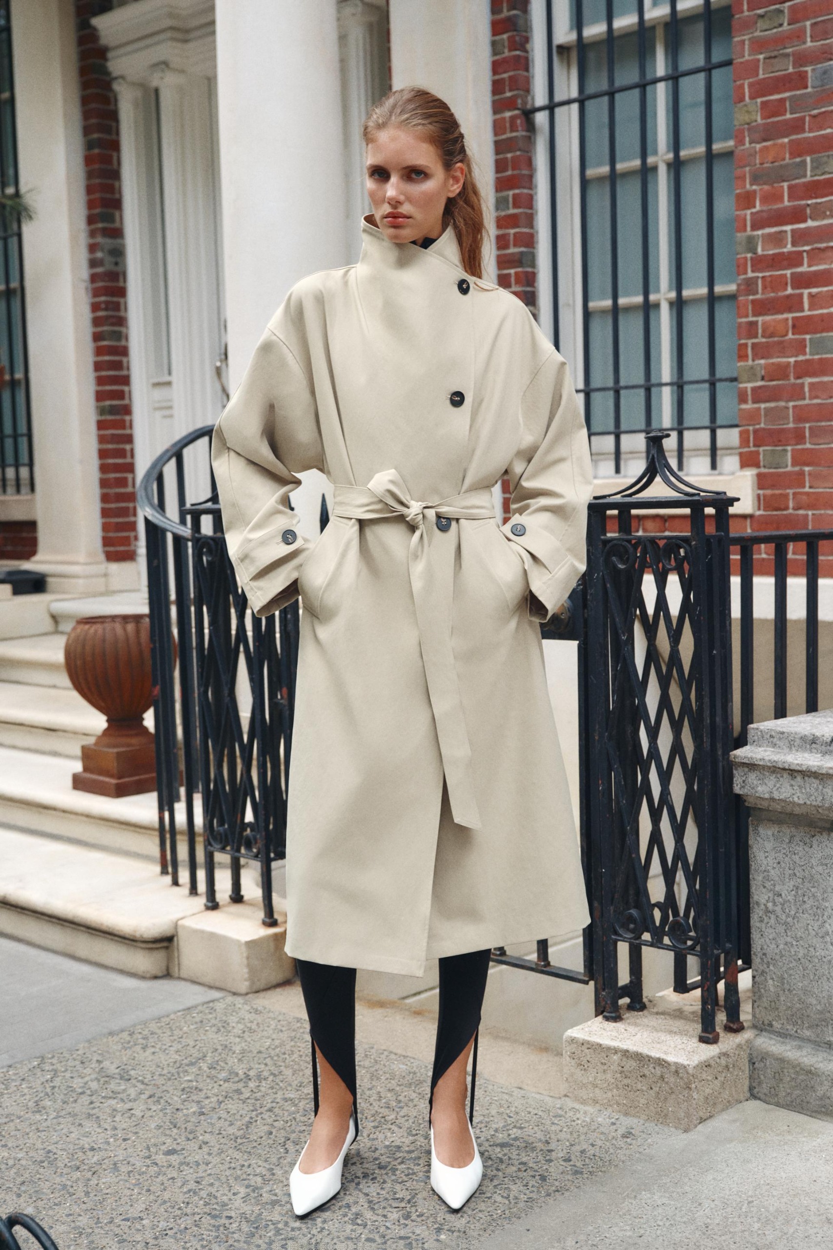 Long Belted Trench Coat - Stone - Xs