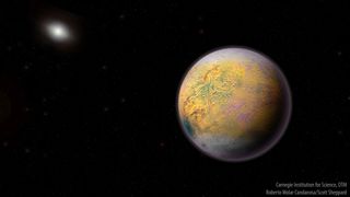 An artist’s illustration of the hypothesized but undiscovered Planet X, which could be shaping the orbits of smaller extremely distant outer solar system objects like 2015 TG387.