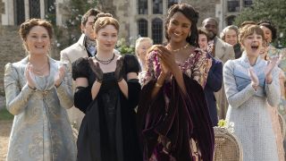 (L to R) Ruth Gemmell as Lady Violet Bridgerton, Hannah Dodd as Francesca Bridgerton, Simone Ashley as Kate Sharma, Claudia Jessie as Eloise Bridgerton in episode 408 of Bridgerton.