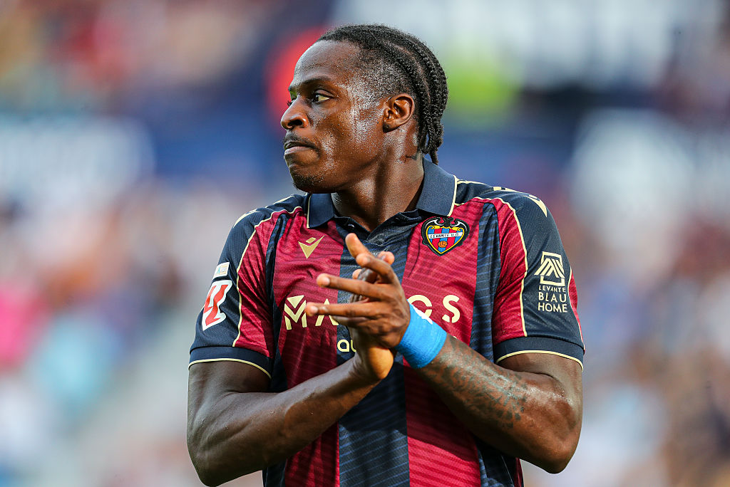 VALENCIA, SPAIN - NOVEMBER 02: Karl Etta Eyong of Levante UD laments during the Spanish league, LaLiga EA Sports, football match played between Levante UD and RC Celta at Ciutat de Valencia stadium on November 2, 2025, in Valencia, Spain. (Photo By Ivan Terron/Europa Press via Getty Images)