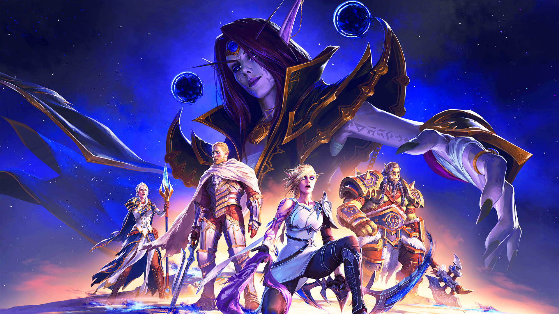 Main characters of the World of Warcraft expansion “The War Within” on a dark purple background