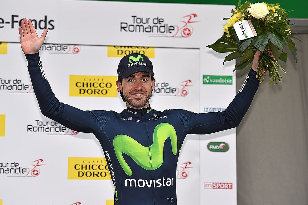 Jon Izagirre on the podium after winning the Romandie prologue.