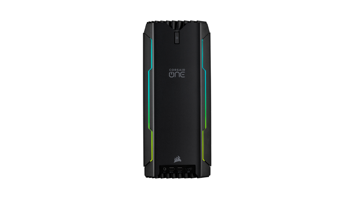 Corsair One a100 on a white background with its RGB lighting lit up