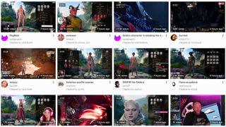 Top Twitch clips page with thumbnails of streamers playing Baldur's Gate 3