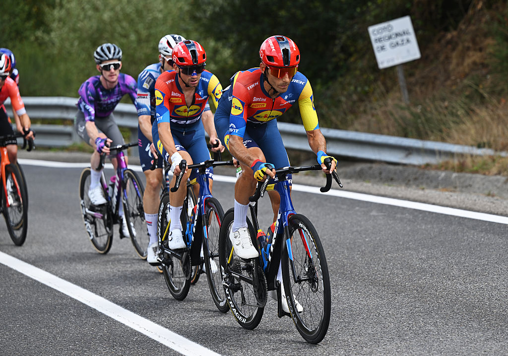 MONFORTE DE LEMOS, SPAIN - SEPTEMBER 07: (L-R) Giulio Ciccone of Italy and Carlos Verona of Spain and Team Lidl - Trek compete in the breakaway during the La Vuelta - 80th Tour of Spain 2025, Stage 15 a 167.8km stage from A Veiga-Vegadeo to Monforte de Lemos / #UCIWT / on September 07, 2025 in Monforte de Lemos, Spain. (Photo by Dario Belingheri/Getty Images)